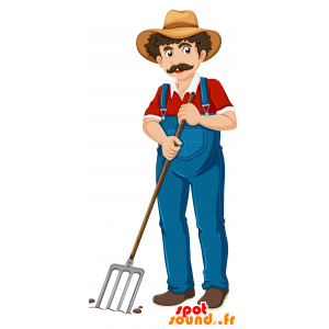 Mascot agricultor bigodudo com jardineiras - MASFR030693 - 2D / 3D mascotes