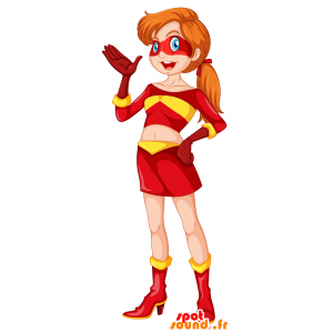 Mascotte de femme super woman, en tenue rouge et jaune - MASFR030703 - Mascottes 2D/3D