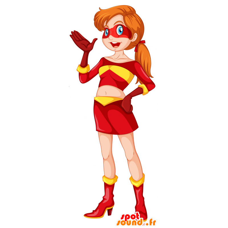 Kvinnlig maskot för super kvinna, i röd och gul outfit -