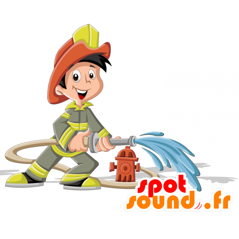 Mascotte de pompier en uniforme vert et jaune - MASFR030709 - Mascottes 2D/3D