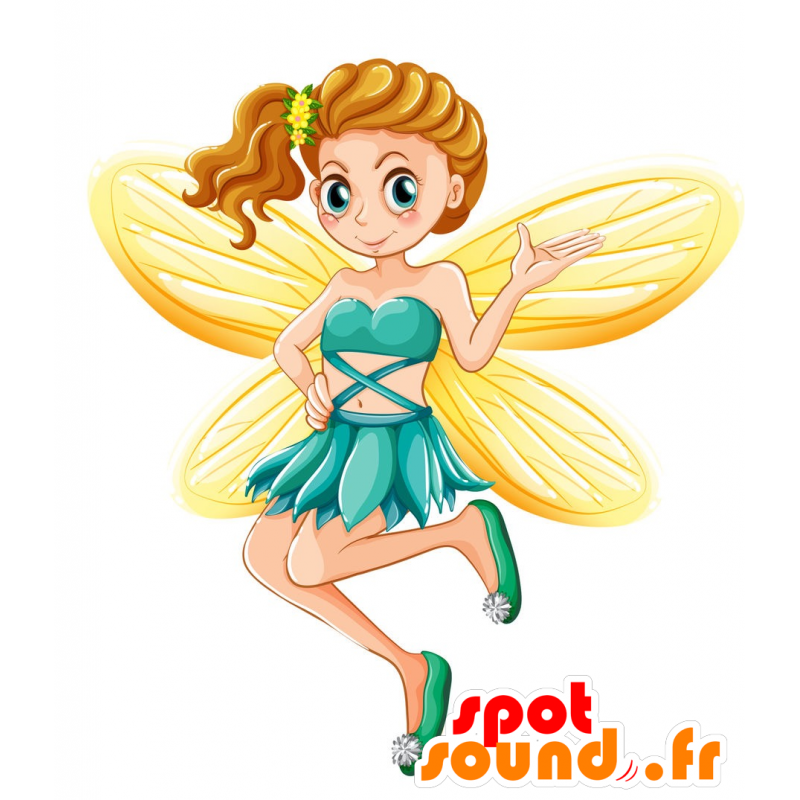 Mascotte de fée, de fille avec des ailes jaunes - MASFR030722 - Mascottes 2D/3D