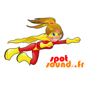 Superheltkvindemaskot, i rødt og gult tøj - Spotsound maskot
