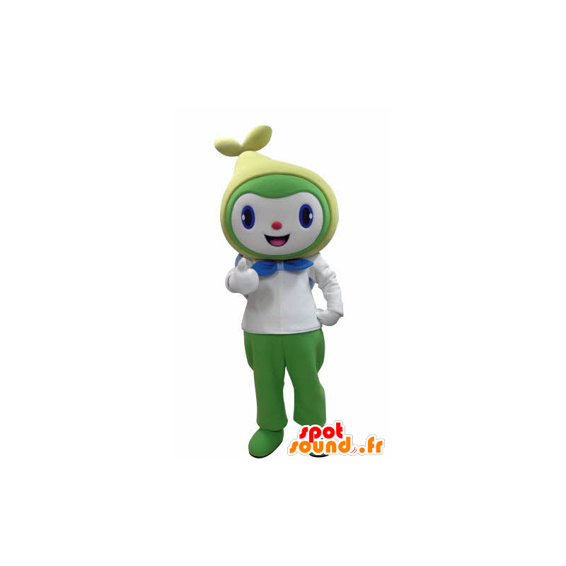 Mascote boneco sorridente, branco, verde e amarelo - MASFR031004 - Mascotes homem