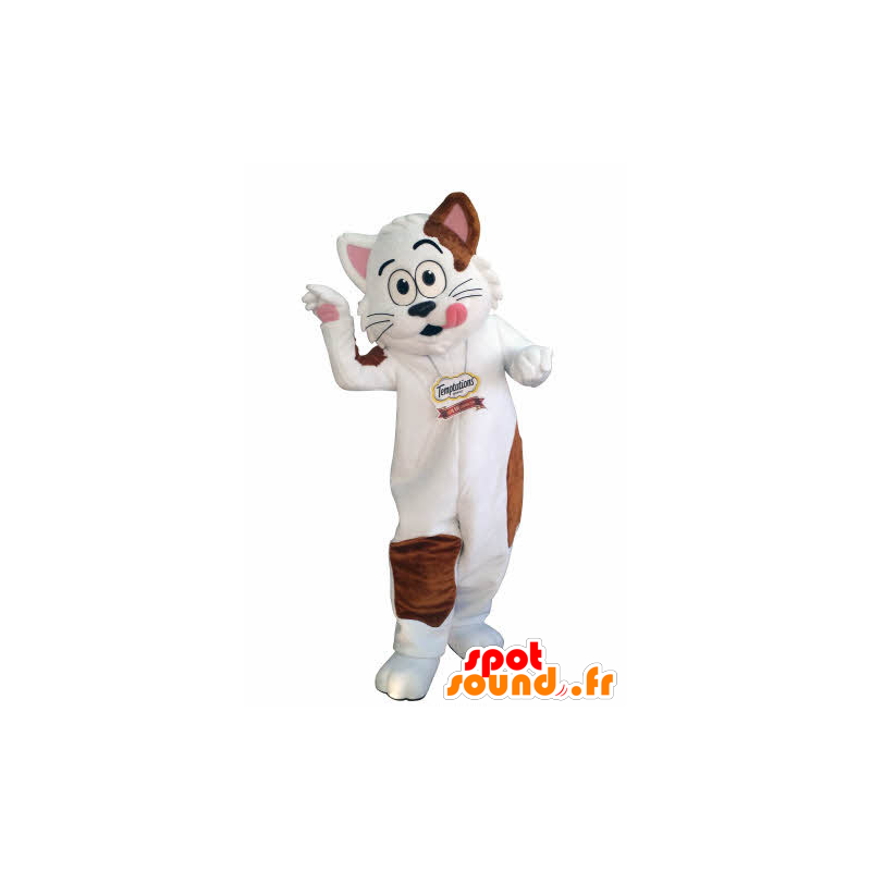 Mascotte de chat blanc et marron. Mascotte gourmande - MASFR031005 - Mascottes de chat