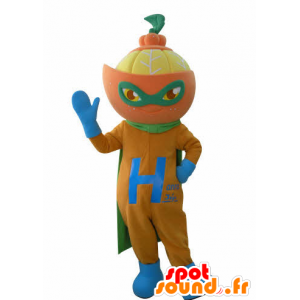 Mascotte d'orange habillée en super-héros. Mascotte d'agrume - MASFR031019 - Mascotte de super-héros