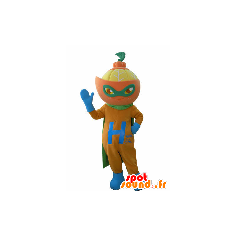 Arancione mascotte vestito da supereroe. mascotte di agrumi - MASFR031019 - Mascotte del supereroe
