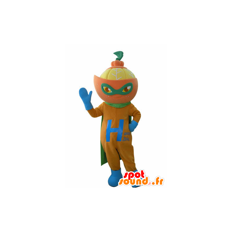 Orange Maskottchen als Superheld verkleidet. Mascot Zitrus - MASFR031019 - Superhelden-Maskottchen