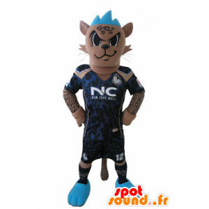 Tiger Mascot footballer dress, with a blue crest - MASFR031027 - Tiger mascots