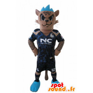 Tiger maskot i fodboldtøj med en blå kam - Spotsound maskot