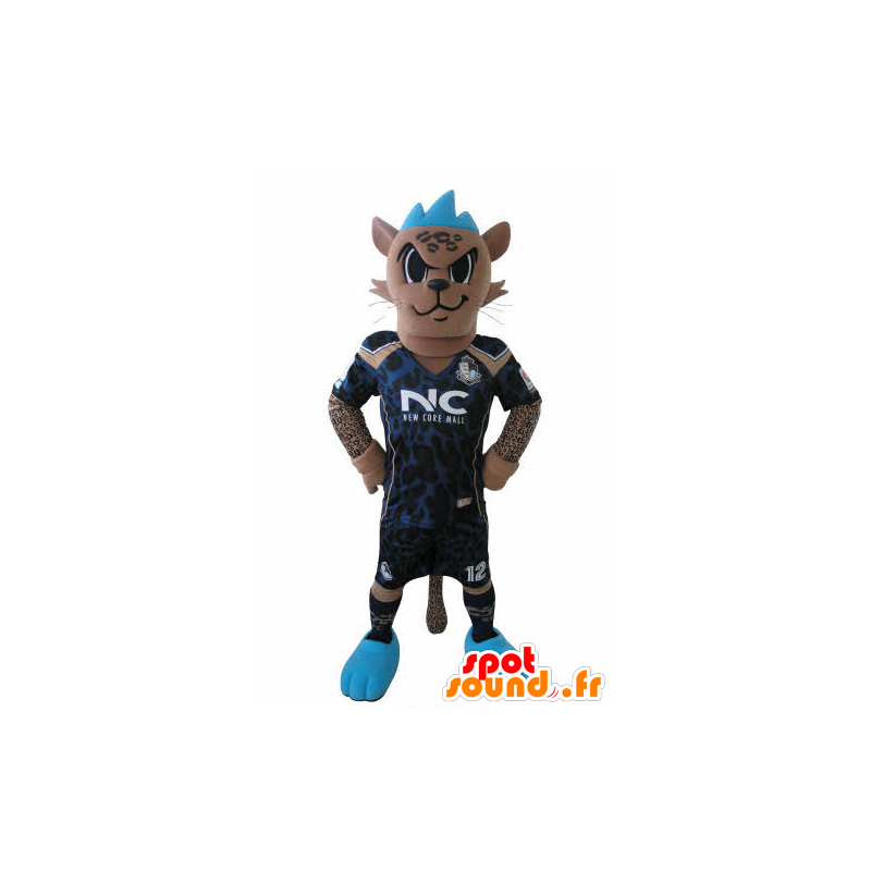 Tiger Mascot footballer dress, with a blue crest - MASFR031027 - Tiger mascots