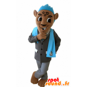 Mascotte de tigre marron avec un costume et une crête bleue - MASFR031028 - Mascottes Tigre