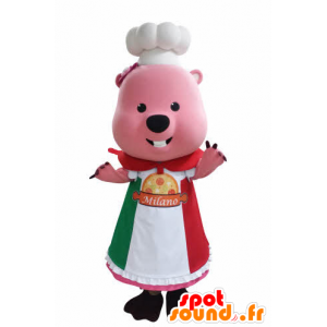 Mascotte de castor, de marmotte rose avec une toque et un tablier - MASFR031048 - Mascottes de castor