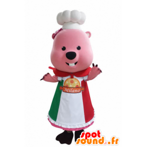 Bever mascotte, groundhog met roze toque en schort - MASFR031048 - Beaver Mascot