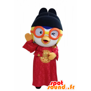 Fuglemaskot i asiatisk kjole med briller - Spotsound maskot