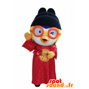 Fågelmaskot i asiatisk klänning, med glasögon - Spotsound maskot