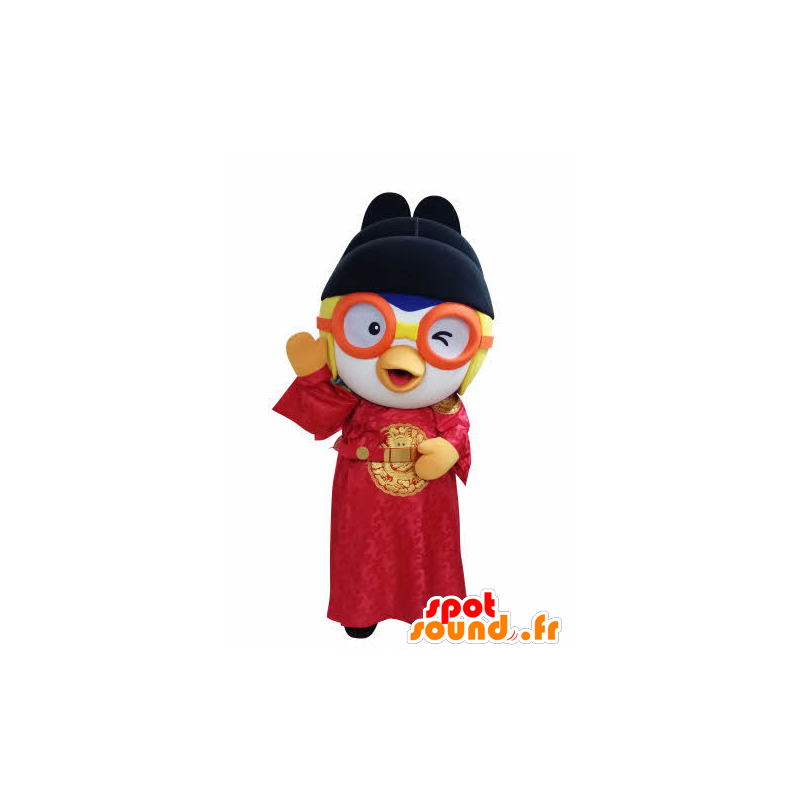 Mascotte d'oiseau en tenue asiatique, avec des lunettes - MASFR031051 - Mascotte d'oiseaux