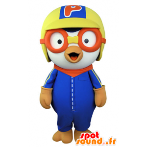 White bird mascot, dressed in colorful attire aviator - MASFR031063 - Mascot of birds