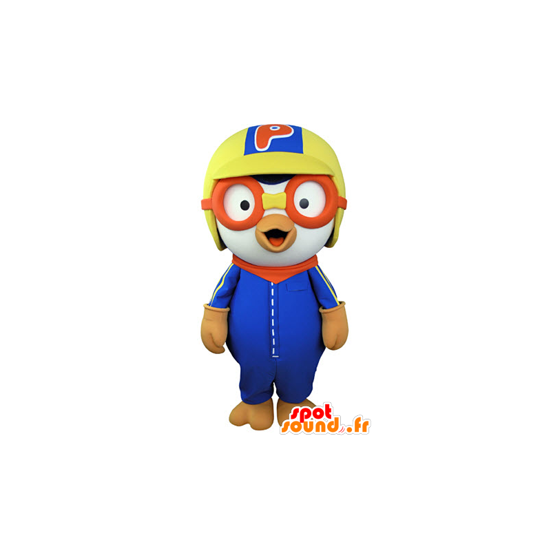 White bird mascot, dressed in colorful attire aviator - MASFR031063 - Mascot of birds