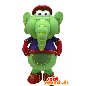 Mascot groen en geel olifant in blauwe jurk en rode - MASFR031074 - Elephant Mascot