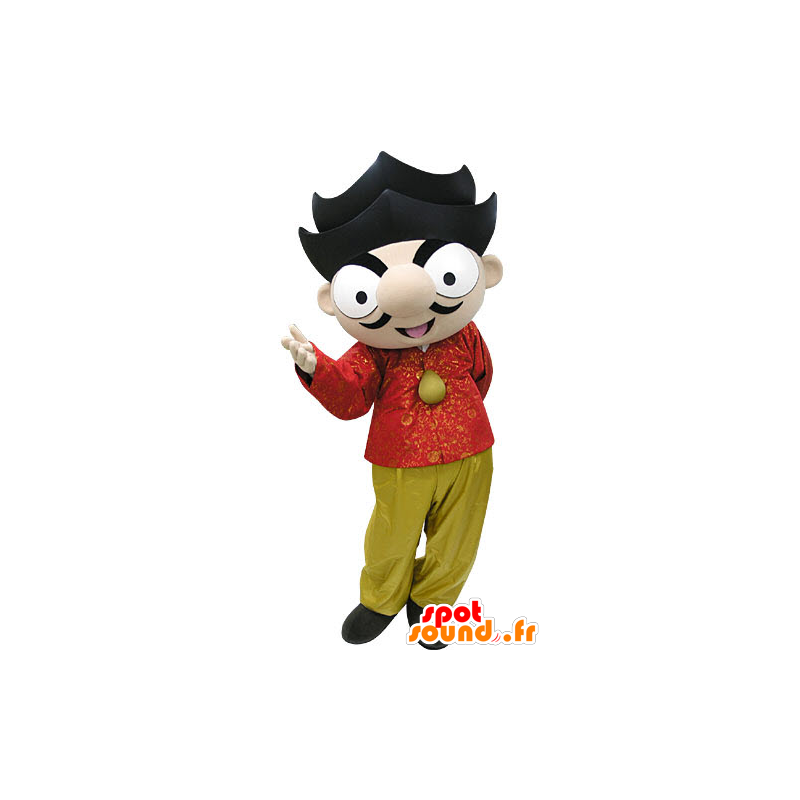 Brun pojkemaskot med en röd och gul outfit - Spotsound maskot