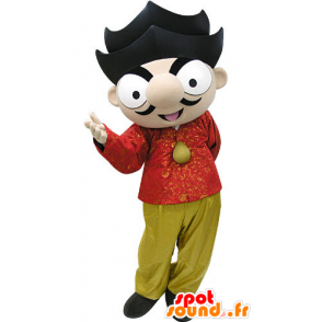 Mascotte de garçon brun avec une tenue rouge et jaune - MASFR031077 - Mascottes Garçons et Filles