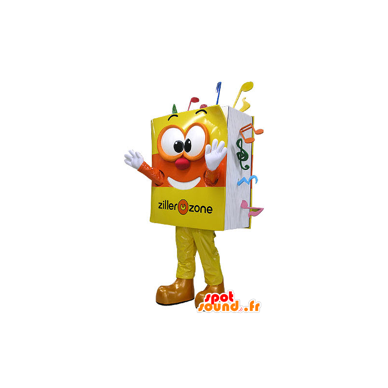 Musikbokmaskot, gul och orange, mycket leende - Spotsound maskot