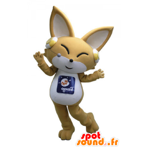 Beige e bianco mascotte volpe con le cuffie su - MASFR031096 - Mascotte Fox