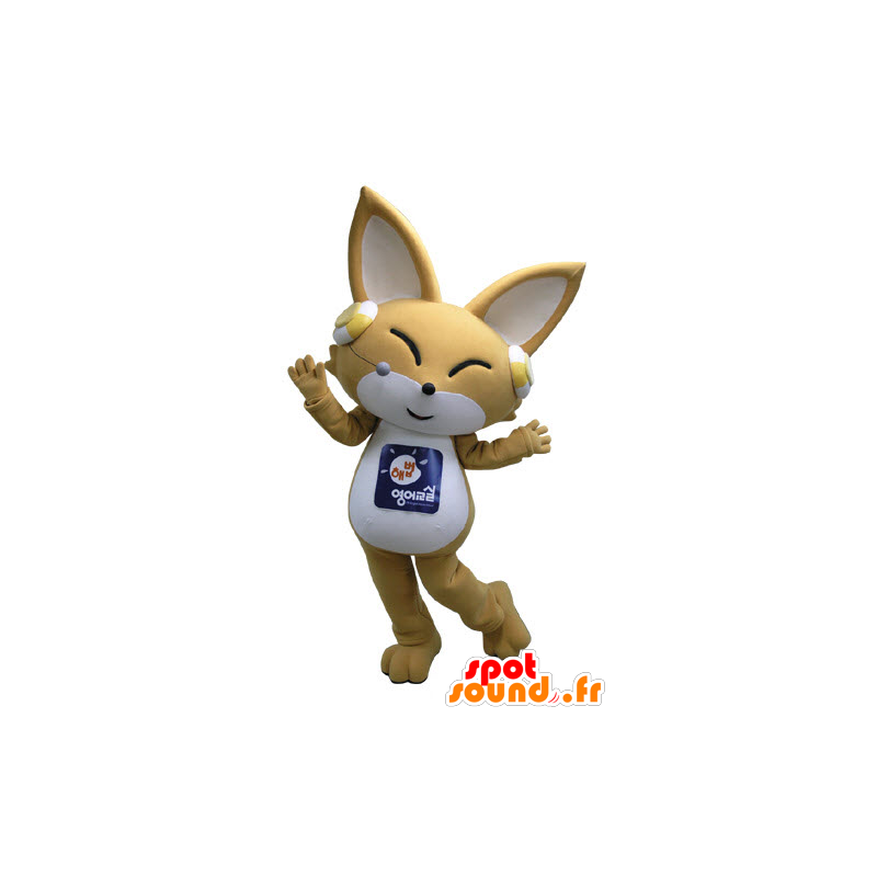 Beige en wit fox mascotte met een koptelefoon op - MASFR031096 - Fox Mascottes