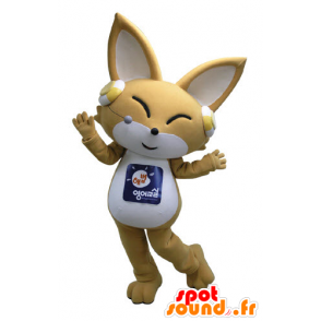Beige en wit fox mascotte met een koptelefoon op - MASFR031096 - Fox Mascottes