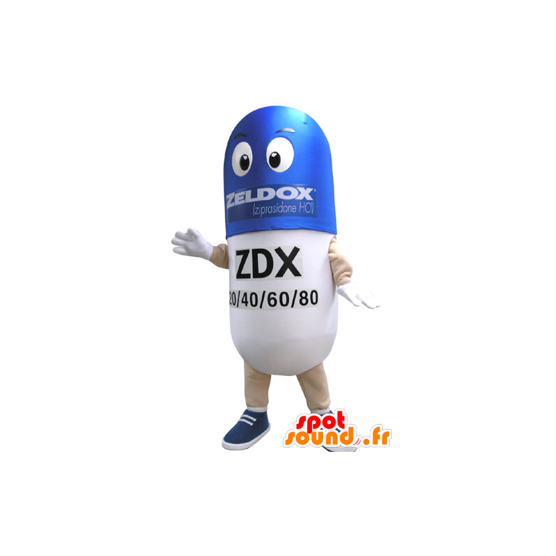 Mascotte blauwe en witte pil. drug Mascot - MASFR031103 - mascottes objecten