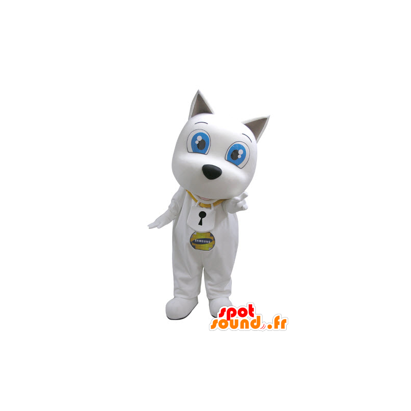 Bílý pes maskot s velkýma modrýma očima - MASFR031122 - psí Maskoti