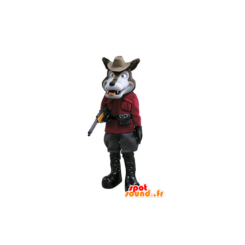 La mascota de color marrón y gris lobo, vestido de cazador - MASFR031123 - Mascotas lobo