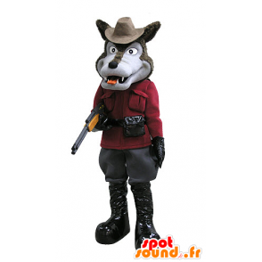Mascot brown and gray wolf, dressed in hunter - MASFR031123 - Mascots Wolf