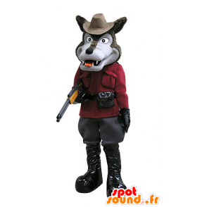 Mascot marrom e lobo cinzento, vestido de caçador - MASFR031123 - lobo Mascotes