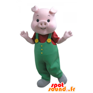 Rosa Schwein-Maskottchen mit einem grünen Overall - MASFR031125 - Maskottchen Schwein