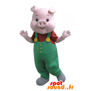 Pink gris maskot med grøn overall - Spotsound maskot kostume