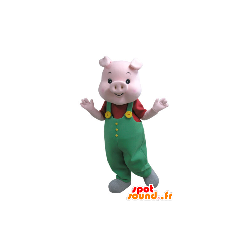 Mascotte maiale rosa con una tuta verde - MASFR031125 - Maiale mascotte