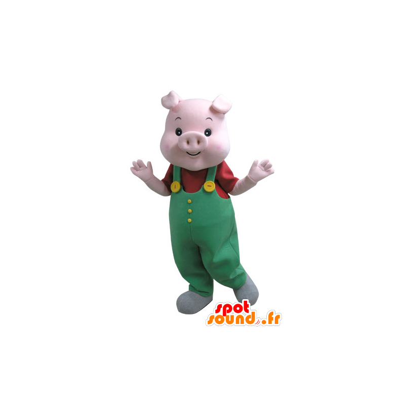 Rosa Schwein-Maskottchen mit einem grünen Overall - MASFR031125 - Maskottchen Schwein