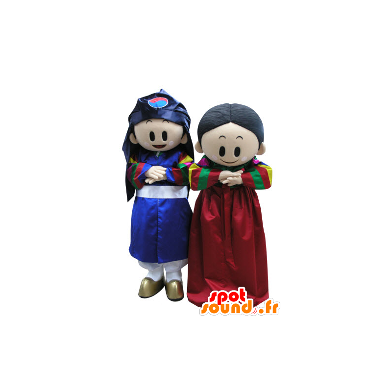 2 μασκότ αγόρι και κορίτσι σε πολύχρωμο στολή - MASFR031127 - Μασκότ Αγόρια και κορίτσια