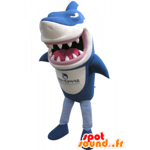Blå og hvid haj maskot, ser hård ud - Spotsound maskot kostume