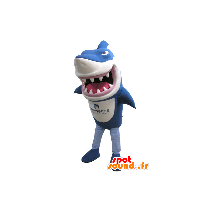 Mascotte de requin bleu et blanc, à l'air féroce - MASFR031139 - Mascottes Requin