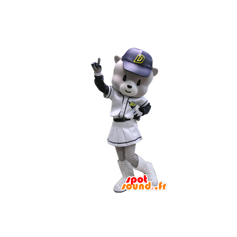 Mascotte d'ours gris et blanc, en tenue de baseball - MASFR031145 - Mascotte d'ours