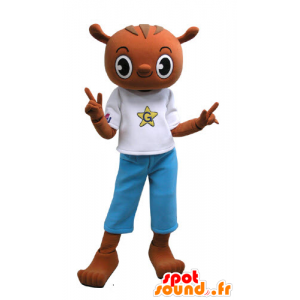 Brun teddy maskot med en blå og hvit beholdning - MASFR031153 - bjørn Mascot