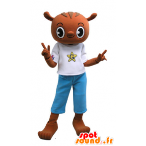 Brun teddy maskot med en blå og hvit beholdning - MASFR031153 - bjørn Mascot