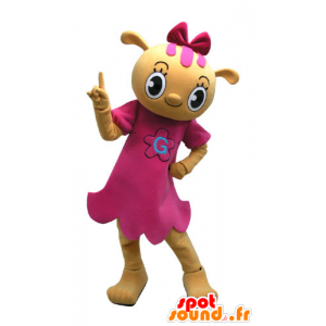 Yellow teddy mascot dressed in a pink dress - MASFR031154 - Bear mascot