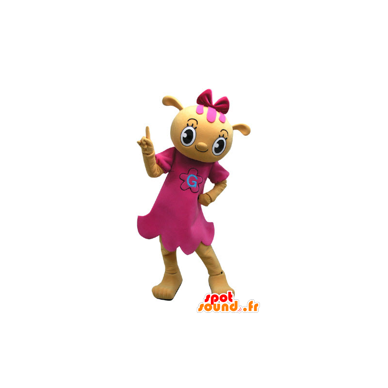 Yellow teddy mascot dressed in a pink dress - MASFR031154 - Bear mascot