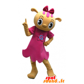 Gelb Teddy Maskottchen in einem rosa Kleid gekleidet - MASFR031154 - Bär Maskottchen