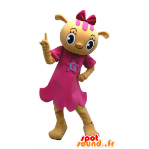 Giallo mascotte di peluche vestito con un abito rosa - MASFR031154 - Mascotte orso