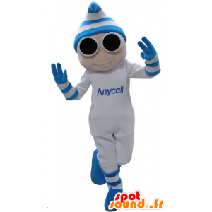 Hvid og blå snemand maskot med briller og hue - Spotsound