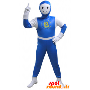 Snowman maskot klädd i en blå och vit jumpsuit - Spotsound